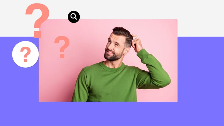 Man in groene trui krabt nadenkend aan zijn hoofd, met vraagtekens op de achtergrond.