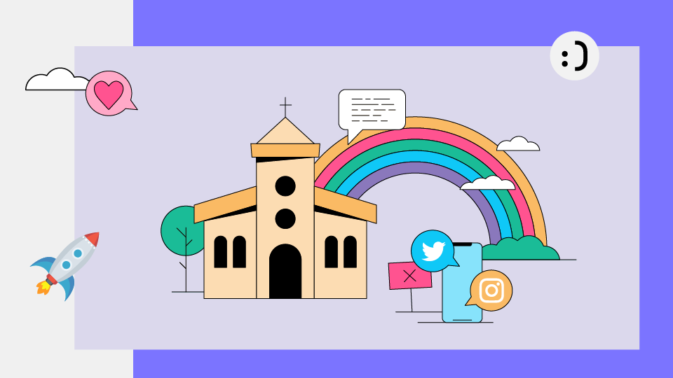 Illustratie van een kerk met een regenboog op de achtergrond en sociale media-iconen ernaast.