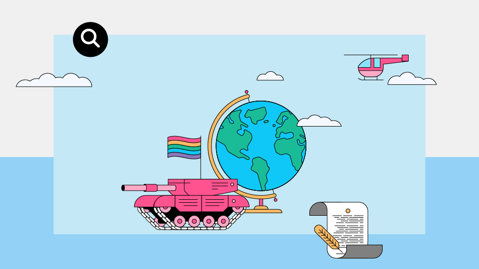 Een tank met regenboogvlag naast een wereldbol, een helikopter en een document met een veerpen.