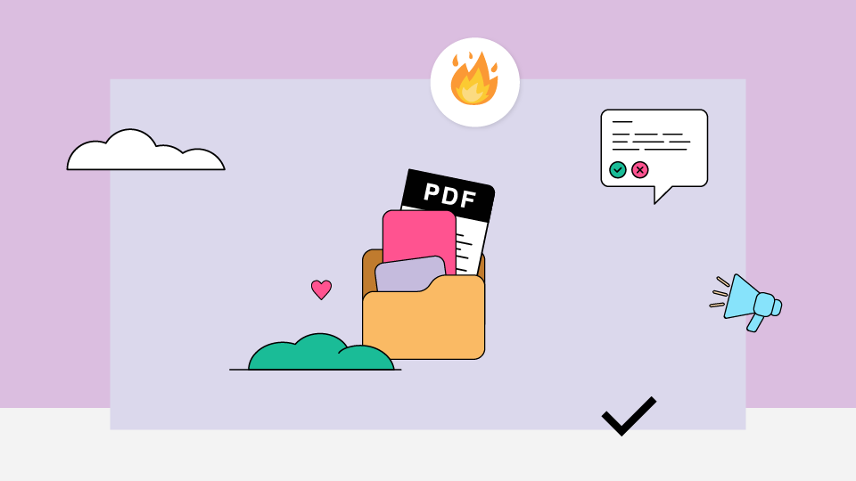 Een map met bestanden en een PDF-document op een paarse achtergrond.