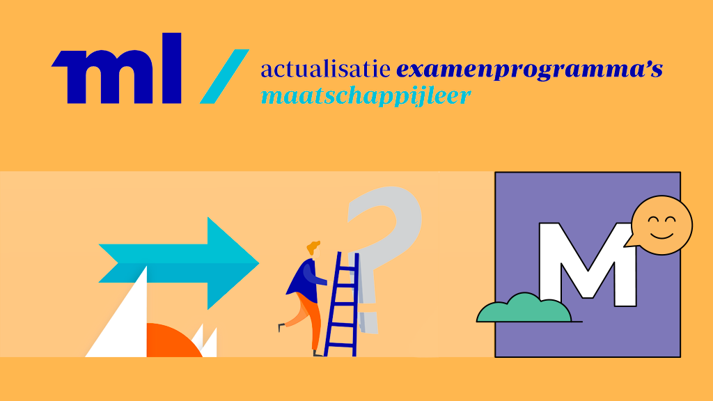 Vernieuwing examenprogramma maatschappijleer met Methode M logo en visuele illustraties.