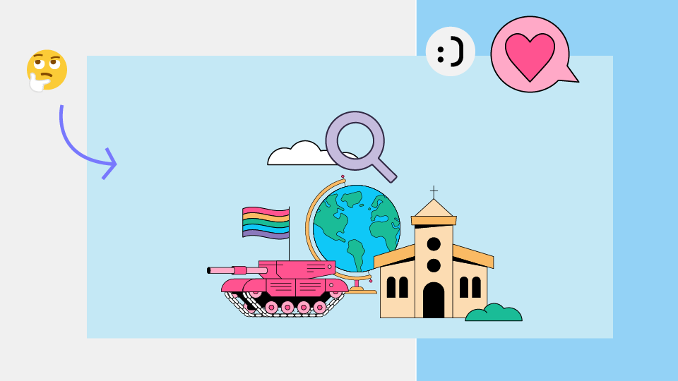 Illustratie van een kerk met wolken, aardbol, emoji’s, een vergrootglas en sociale media-iconen op een lichtblauwe achtergrond.